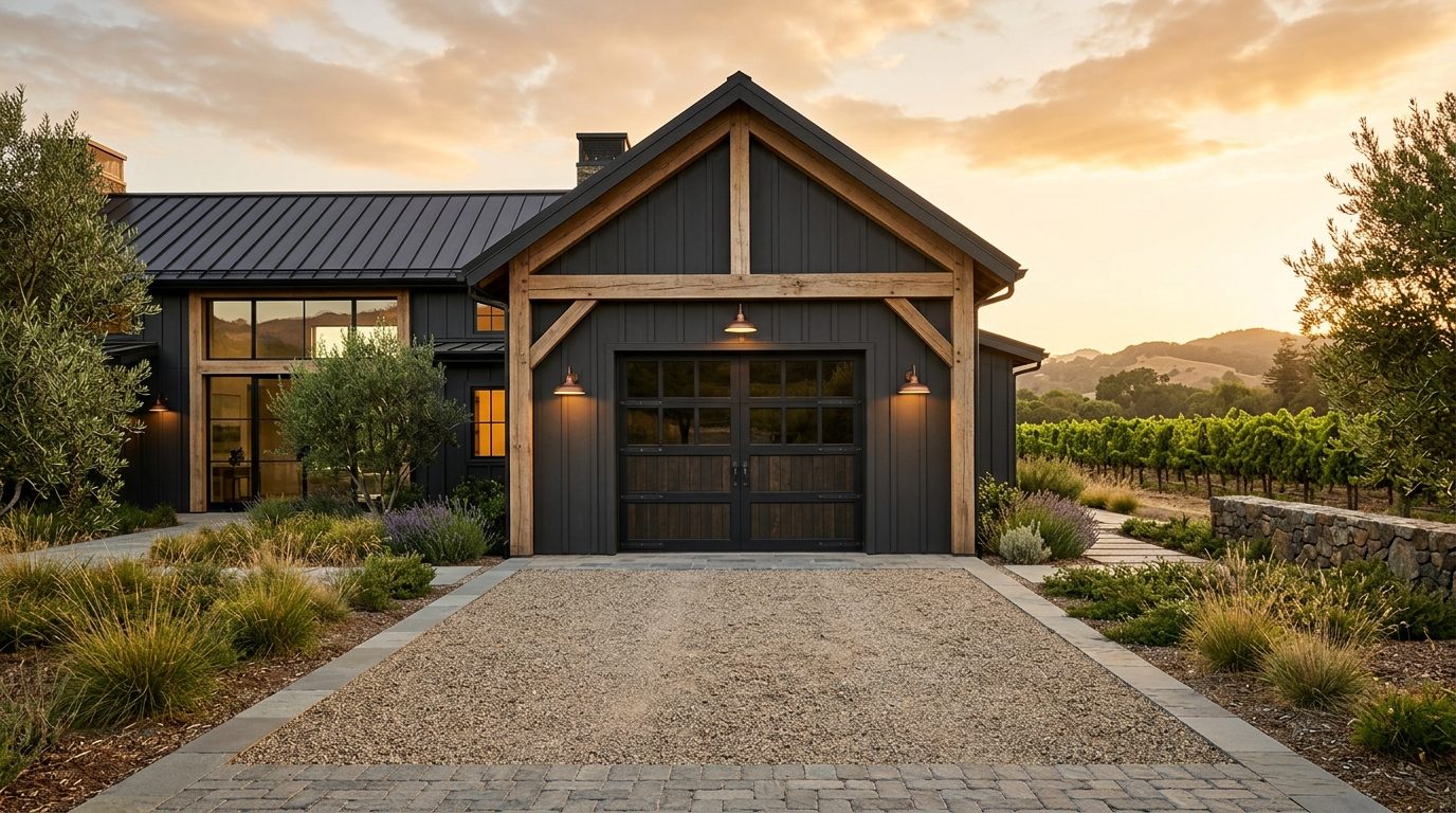 Thomas and Oscar Garage Door Exterior Closed Garage Door at Twilight
